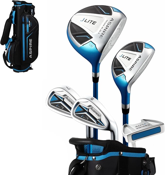 Aspire X-Lite Super Performance Junior Golf Club Set - Right-Handed Kids Golf Set with Driver, Hybrid, 7 Iron, Putter, Stand Bag & Headcovers