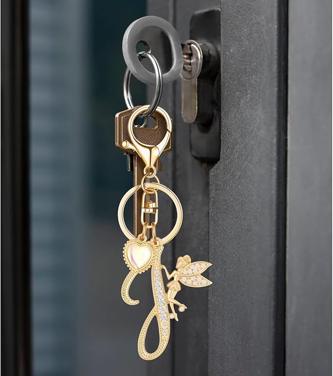 Gold Plated Alphabet Initial Letter Keyring Keychain for Women Girls Crystal Key Chains for Wallet Backpack Bag Charm