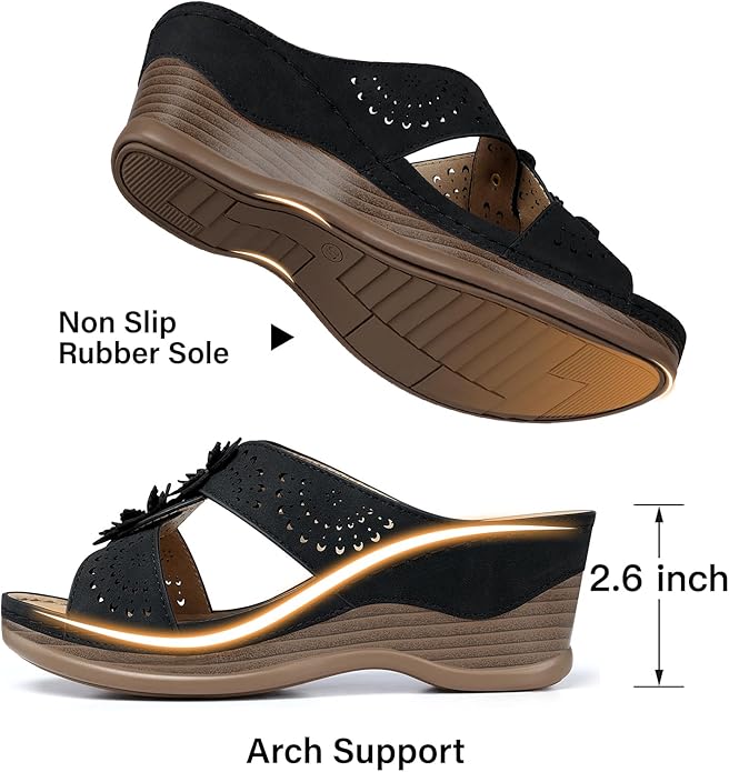 TEMOFON Womens Wedge Sandals Leather: Dressy Sandal, Rubber Sole, Comfortable Walking, Casual Slip on Summer Shoes, Size 5-11