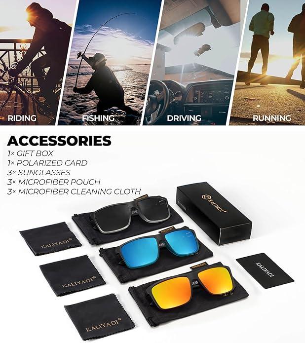 KALIYADI Polarized Sunglasses for Men and Women, Mens Sun Glasses with UV Protection for Driving Fishing Golf (3 Packs)