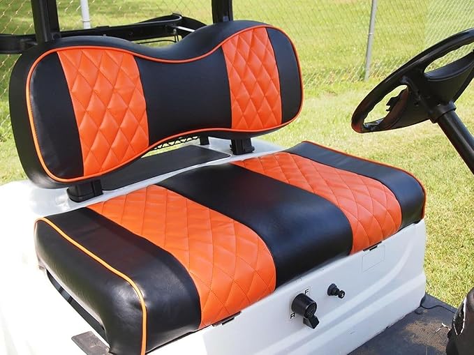 Huskey Golf Cart Front Rear Seat Covers for Club Car DS 2000.5-UP Models, Custom Fit, Black/Orange Diamond Stitching, Marine Grade Vinyl Material, Staple on