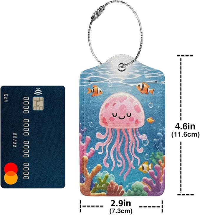 2 Pack Luggage Tag for Suitcase Cute Jellyfish Leather Travel Cruise Luggage Tag with Stainless Steel Loop Name ID Label Privacy Cover for Adults Teens Travel Bag Labels Set