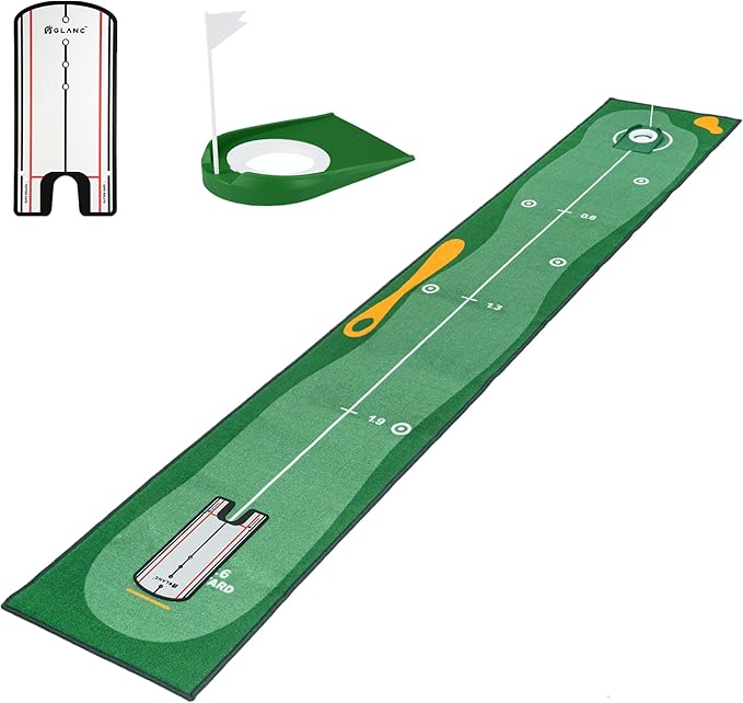 GLANC Golf Putting Practice Mat Set with Alignment Mirror & Cup, 20 in X 10 ft Training Aid Mat, Anti-Slip Backing Golf Putting Green for Indoor and Outdoor Use