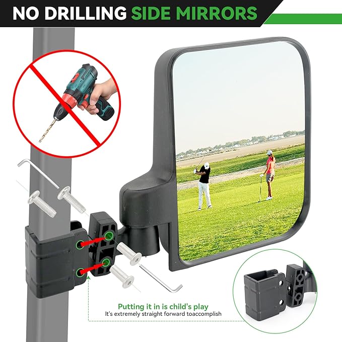 Golf Cart Side Mirrors for EZGO Club Car Yamaha, No Drilling HD-Shatterproof Golf Cart Mirrors Side View with Blind Spot Mirrors & 3 Size Clips (Fit 0.75-1.25in Square Rails)
