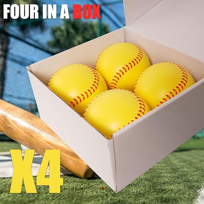 GKK 12 inch Foam Training Softballs, Yellow with Red Spray Lines 4-Pack Hitting Practice, Suitable for Girls, Practice Throwing, Safe for Soft Materials