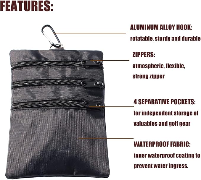 Golf valuables pouch, zipper golf ball bag with 4 pockets, golf accessories pouch for storing balls,tees,mobile phone,keys, cards and cash, great gift for golfers (2 PACK BLACK)