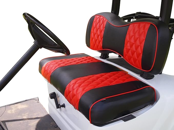 Huskey 4PCS Golf Cart Front/Rear Seat Covers for Club Car DS 2000.5 UP G&E Models Custom Two-Tone Black/Red Diamond Stitching with Red Piping, Marine Grade Vinyl Material, Staple on Design