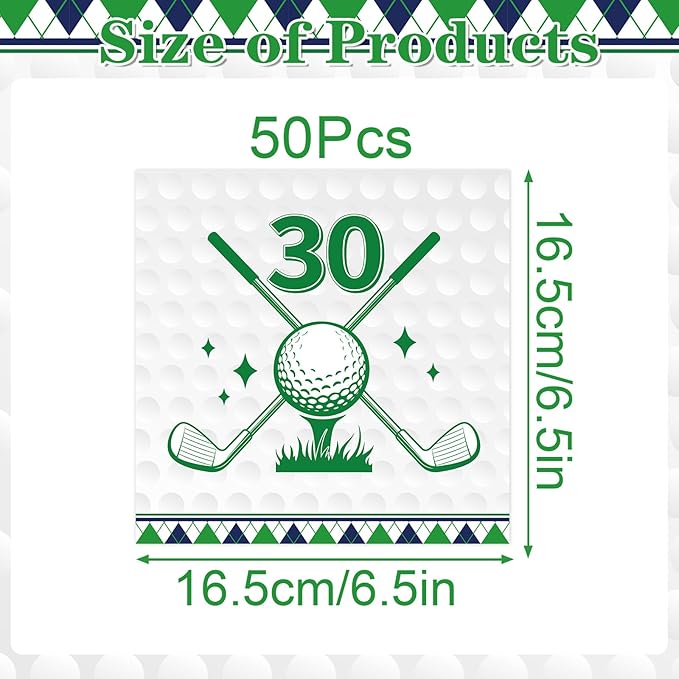 Golf 30th Birthday Party Napkins Decorations, Disposable Paper Golf Napkins Supplies Pack of 50, Sports Birthday Party Decor Size 6.5 Inch