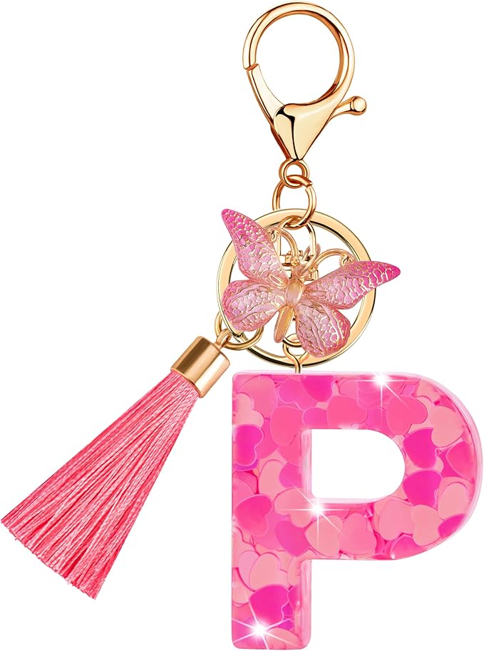 Suweibuke Colourful Cute Initial Letter Keychains for Women Girls with Tassel Butterfly, Charm for Purse Handbags Backpacks