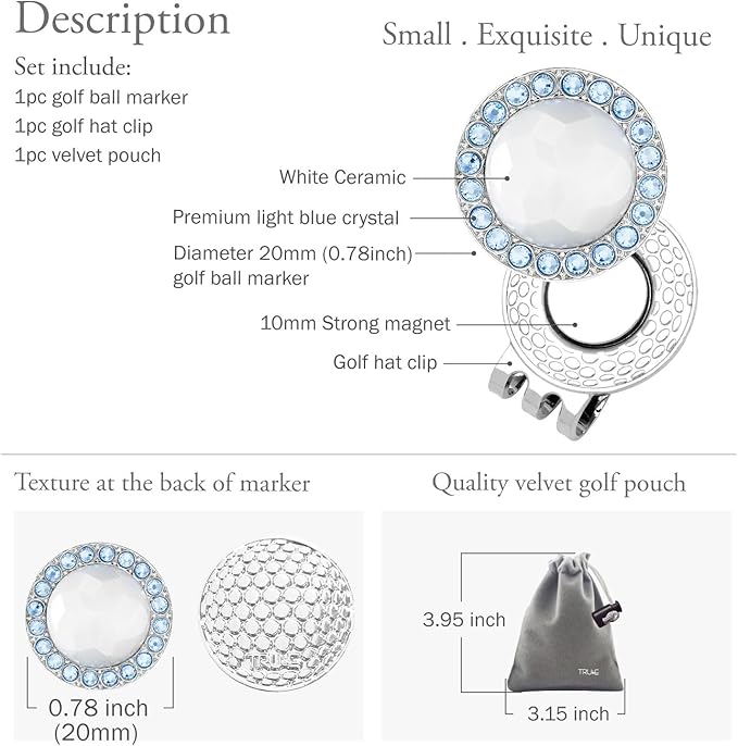 Golf Ball Marker Hat Clip with Ceramic Crystal Ball Marker (20mm Small Size) Gifts Accessories for Golfers