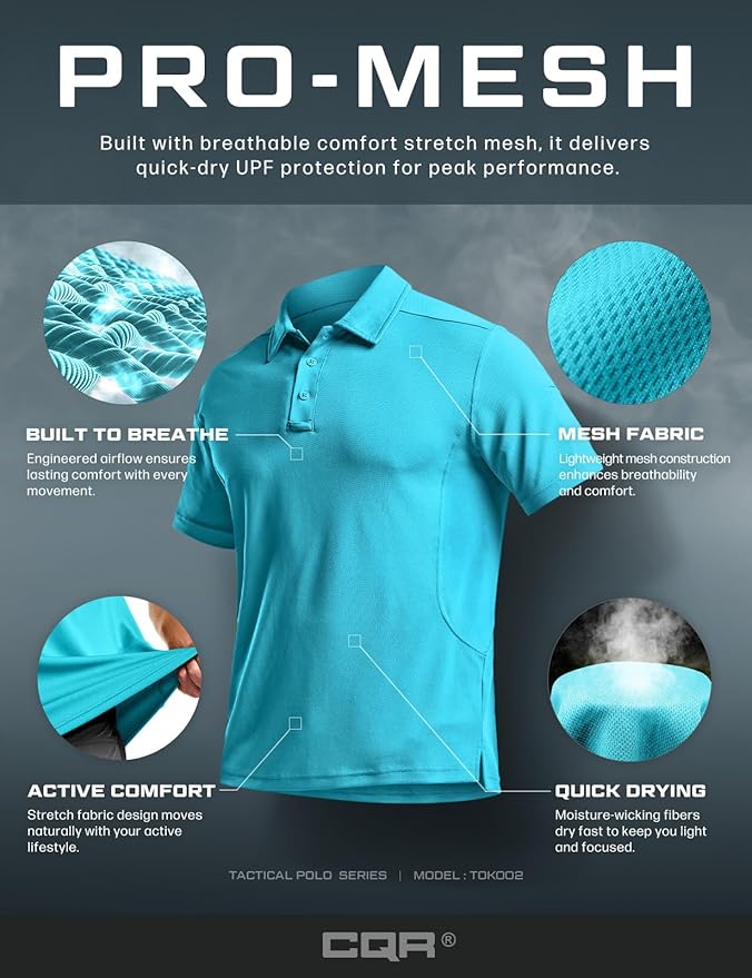 CQR Men's Polo Shirts, Tactical Short Sleeve Golf Performance Shirts, Lightweight Dry Fit UPF 50+ Pique