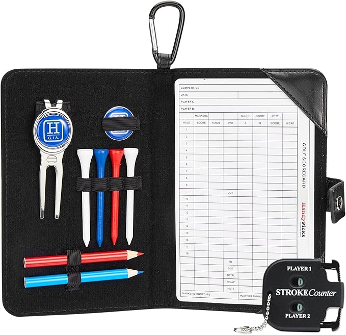 Handy Picks Golf Scorecard Holder n Yardage Book Cover in Genuine Leather - Divot Repair Tool, Ball Marker, Golf Tees, Pencil n Scorecards, Scorer Included, Gift for Golfers