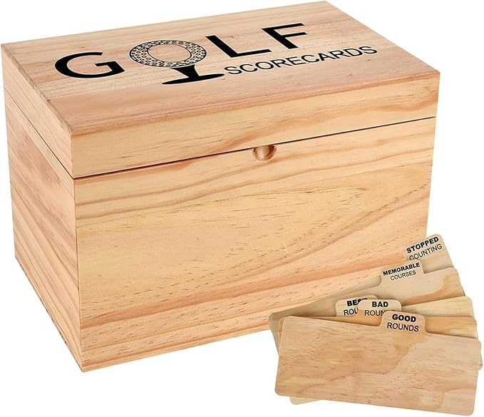 YeeBeny Golf Scorecard Collection Box, Golf Storage Box With 5 Wooden Dividers, Scorecard Keeper For Keepsakes Cards Club Storage Score Book Pencil Log, Unique Golf Gift