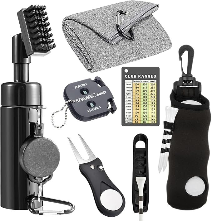 7Pcs Golf Accessories Kit, Include Golf Club Cleaner Towel Ball Bag Divot Tool Score Counter Range Chart Card Tee Elevator