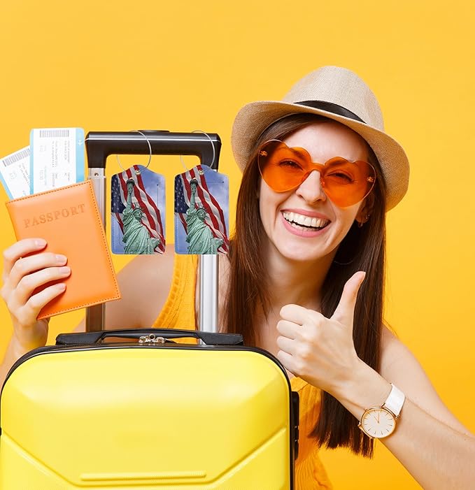 TSA Approved Luggage Tags for Suitcases Statue of Liberty Flag 2 Pack Funny Leather Carnival Cruise Airport Cute Travel Name Tags Golf Bag tag Ships Essentials Privacy Cover ID Label for Women Men