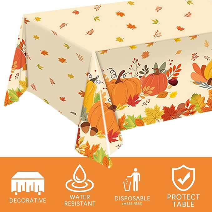 3 Pack Fall Pumpkin Tablecloth Thanksgiving Tablecloth Autumn Leaves Table Cover for Fall Thanksgiving Party Decorations, 54 x 108 Inch