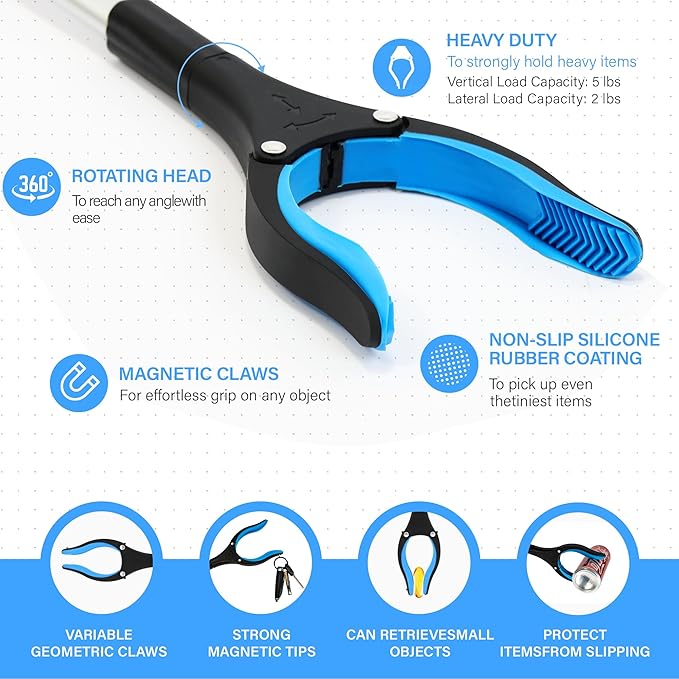 2 Pack 32 inch GrabRunner Reacher Grabber Tool with Strong Magnetic and Swivel Head (New Blue)