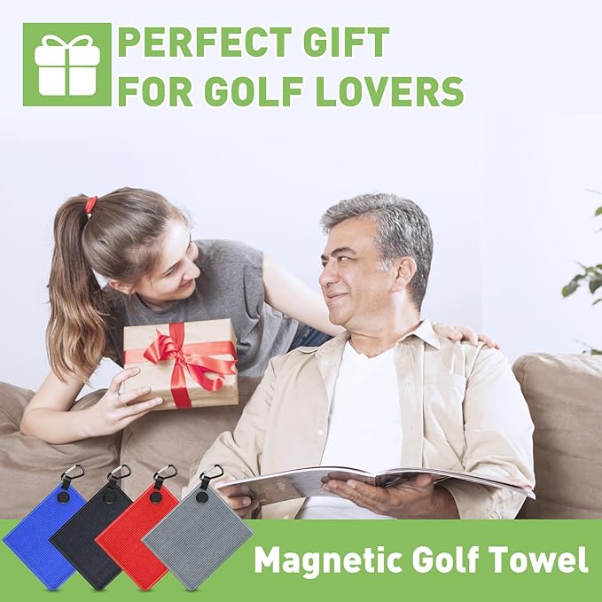 2 Pack Magnetic Golf Towel for Golf Bags with Clips, Wire Cleaning Cloth, Ultra Absorbent Microfiber, Waffle Pattern Towel with Magnet for Men Women, Accessories for Carts or Clubs