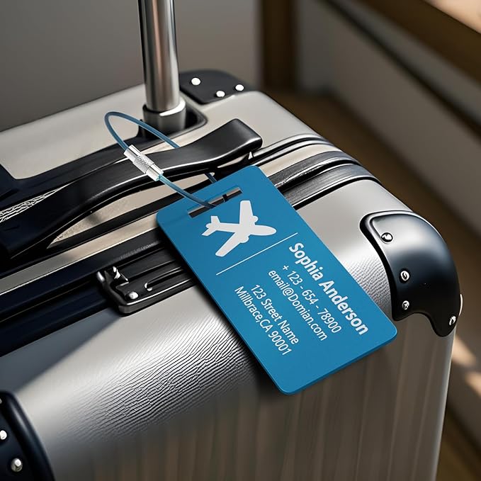 4 Pack Personalized Luggage Tags, Custom Engraved Aluminum Luggage Tags with Your Personalized Text, Waterproof Metal Name Tags with Steel Loop for Bags, Suitcase, Baggage, Backpack (Blue, Small)