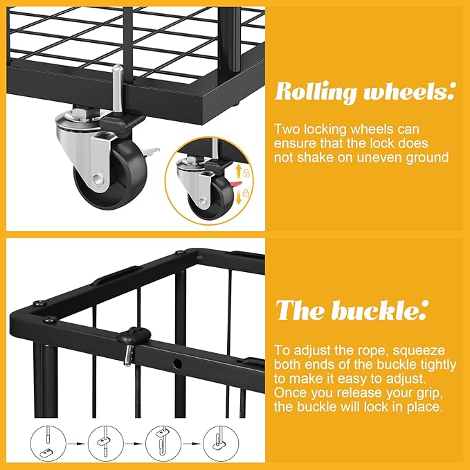 Large Garage Ball Storage, Rolling Floor Sports Equipment Organizer: Freestanding Ball Rack with Elastic Rope–, Ball Holder for Basketball, Soccer, Football, Volleyball, Garage, Gym, Black