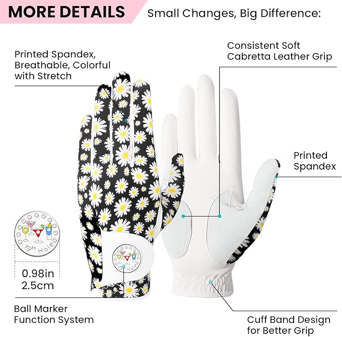 FINGER TEN Stylish Golf Gloves Women with Ball Marker 1 Pack for Left or Right Hand, Breathable Glove with Fashion Patterns for Ladies Right Left Handed Golfer