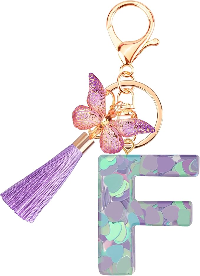 Suweibuke Colourful Cute Initial Letter Keychains for Women Girls with Tassel Butterfly, Charm for Purse Handbags Backpacks