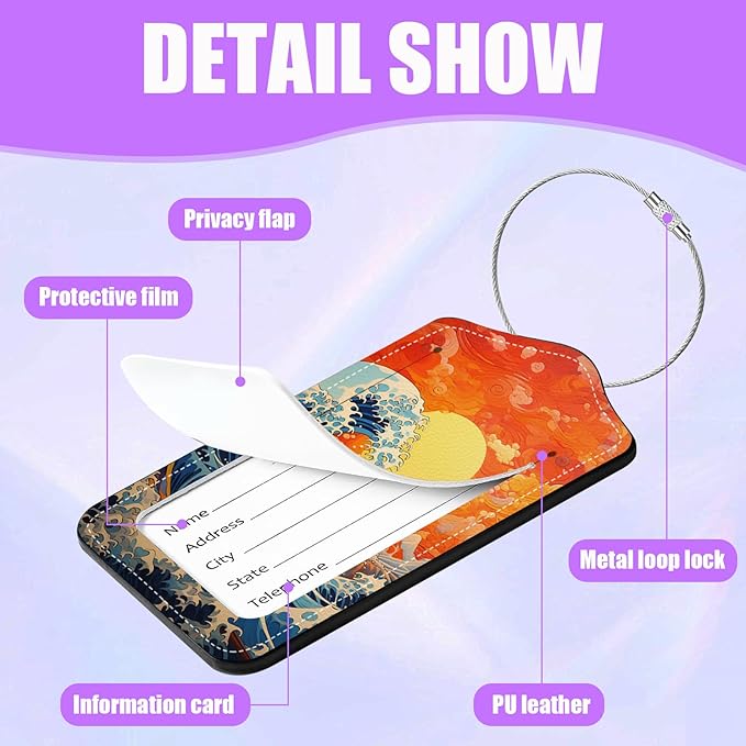 3 Pack Japanese Ocean Wave Luggage Tags for Suitcase Great Waves PU Leather Travel Luggage Tag Privacy Cover ID Label for Women Men Baggage Backpack Handbag School Bag