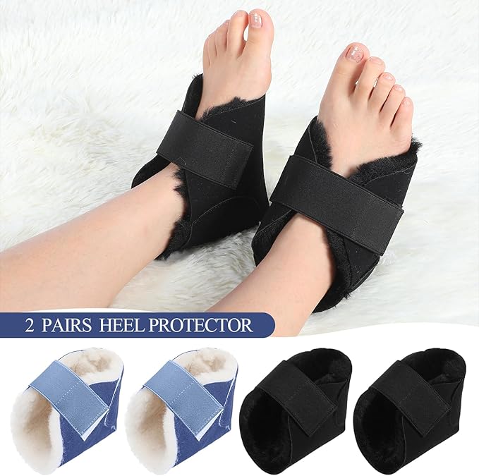 2 Pairs Heel Protector Boot Sheepskin Heel Protectors Soft Foot Cushions Pads with Securing Strap for Protect Feet Ankle Pressure Bed Sores(Black, Blue)