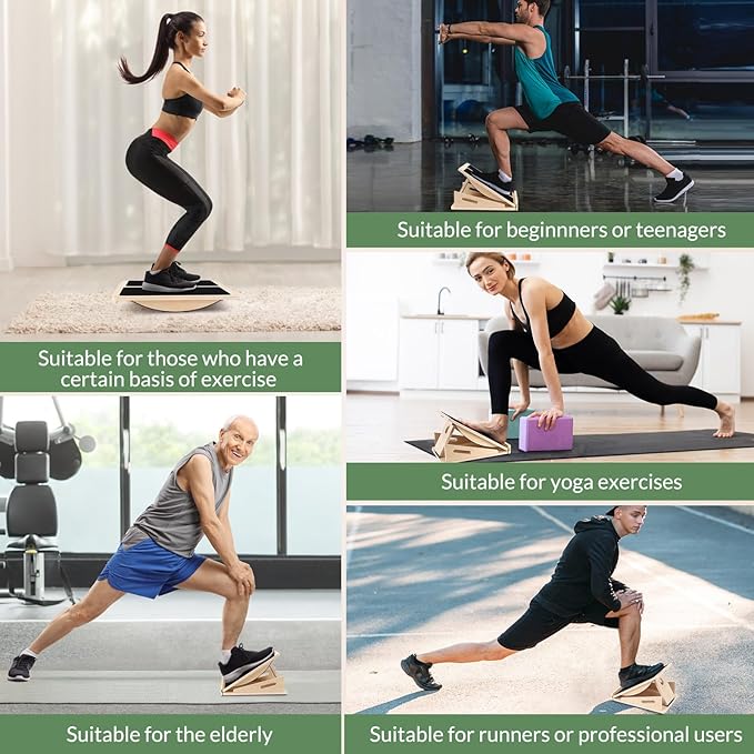 2-in-1 Slant Board&Professional Wooden Balance Board for Calf Stretching, Adjustable Wooden Incline Board, 200 Lbs Weight Capacity Calf Stretch Wedge for Exercise with Training Poster