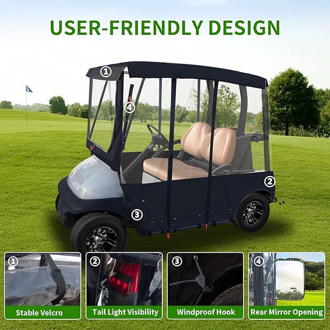 Tecoom Golf Cart Enclosure 2/4/6 Passenger, Golf Rain Cover 600D Waterproof Snowproof, Door Zippers, Clear Windows and Windproof Hooks, Universal Fit for EZGO, Yamaha, Club Car