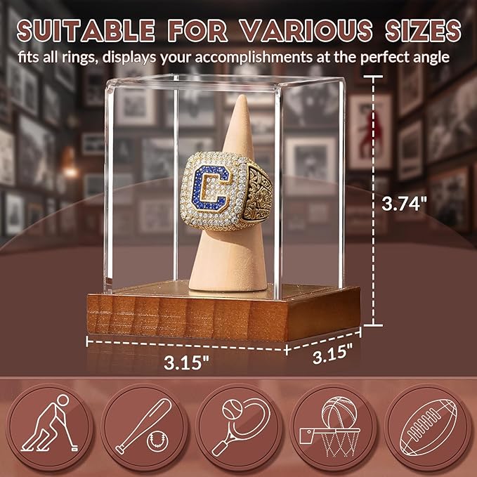 JupDec Championship Ring Display Case, Clear Acrylic Single Ring Holder with Wood Stand Base for Sports Basketball Baseball Fan Souvenirs Military, UV Protection