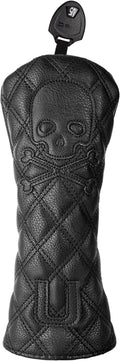 Golf Club Covers – Driver Headcover, Black Skull Leather, Fairway Wood & Hybrid, 3 Wood Headcover, Waterproof Easy-Clean, Universal Fit