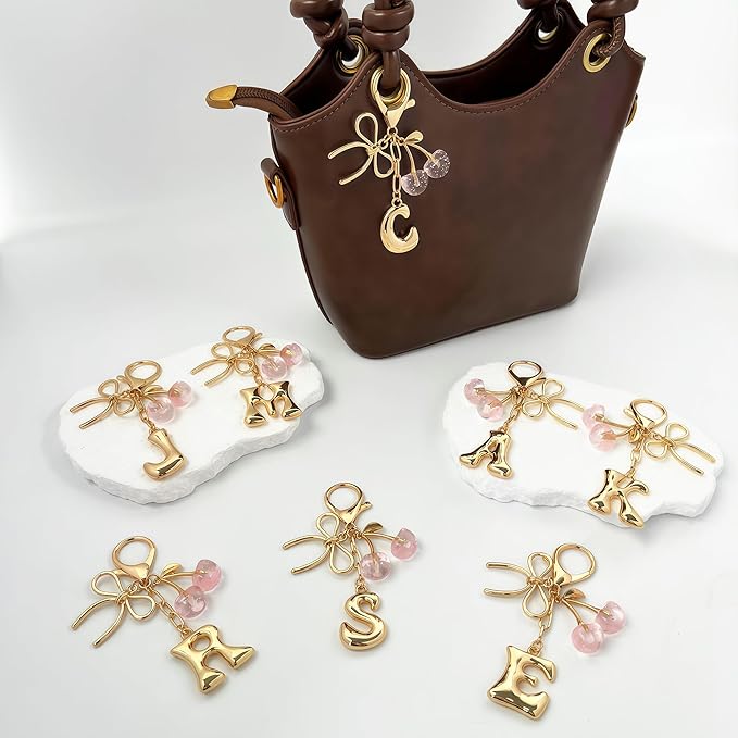 Gold Bubble Heart, Cherry, Bow & More Designs Letter Initial Keychain Bag Charms – Cute Purse Charms for Handbags