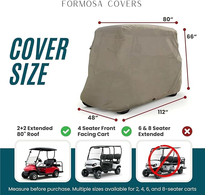 Formosa Covers Heavy Duty Golf Cart Cover 4 Passenger Extended Roof Premium Golf Cart Accessories All Weather fits 80" Roof EZGO, Club Car, Evolution, Yamaha G Models, GEM e2 (Grey, Taupe, or Green)