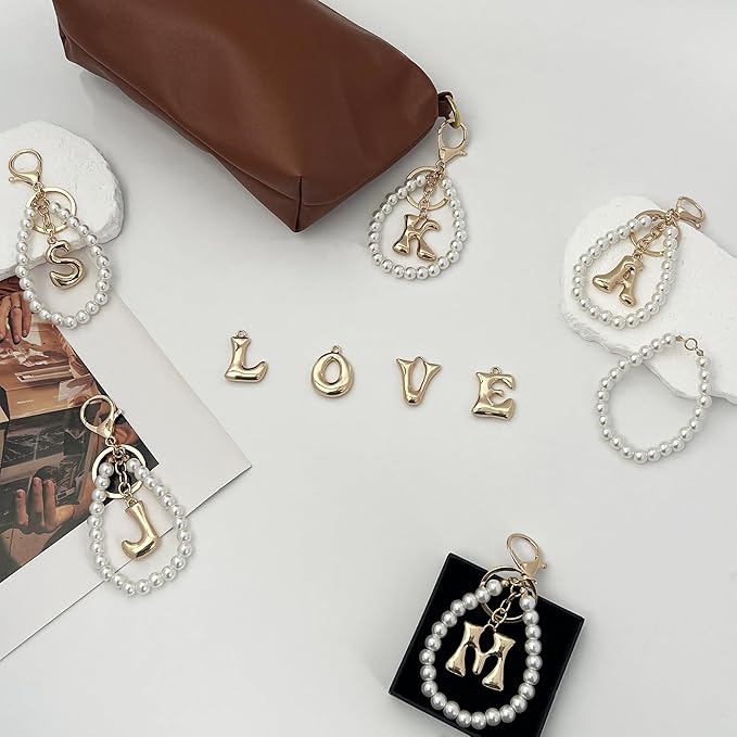 Gold Bubble Heart, Cherry, Bow & More Designs Letter Initial Keychain Bag Charms – Cute Purse Charms for Handbags
