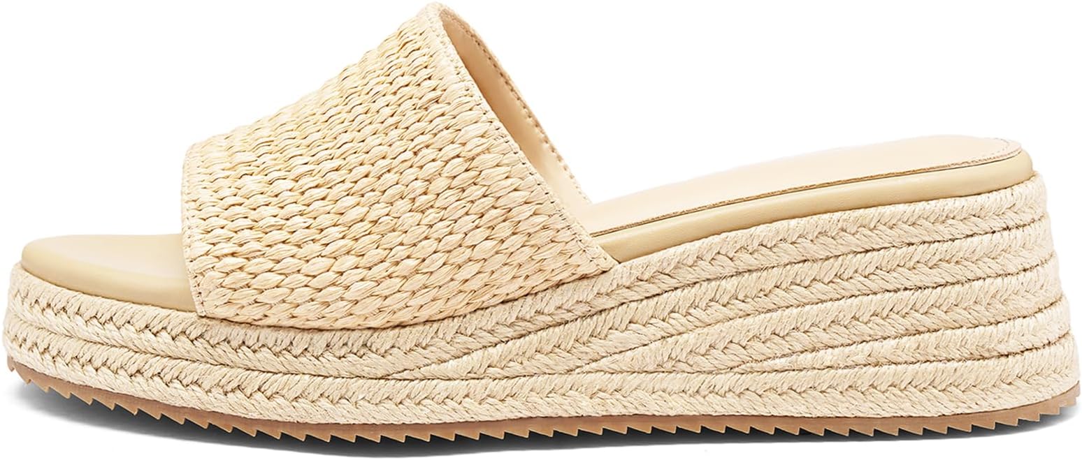 Platform Sandals Women Raffia Slip On Wedge Sandals,Comfortable Summer Wicker Espadrilles,Straw Beach Vacation Slides Shoes