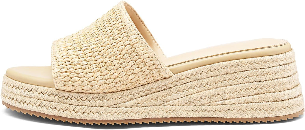 Platform Sandals Women Raffia Slip On Wedge Sandals,Comfortable Summer Wicker Espadrilles,Straw Beach Vacation Slides Shoes