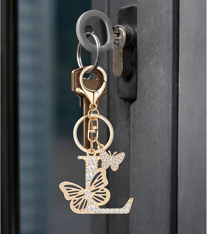 Gold Plated Alphabet Initial Letter Keyring Keychain for Women Girls Crystal Key Chains for Wallet Backpack Bag Charm