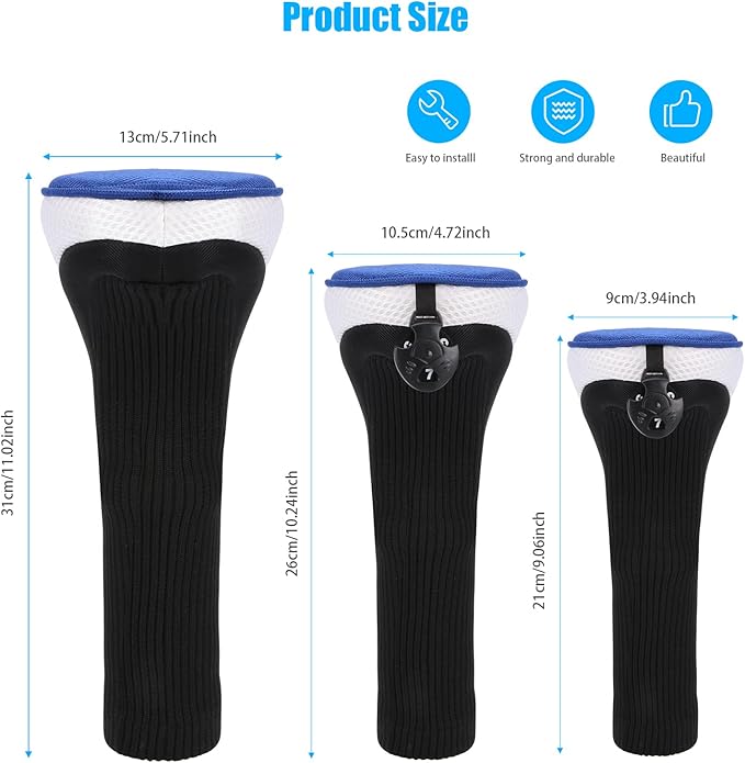 Lybile Golf Club Head Covers for Fairway Woods Driver Hybrids, 4Pcs Long Neck Mesh Golf Club Headcovers Set with Interchangeable No. Tags 3 4 5 6 7 X (Blue)