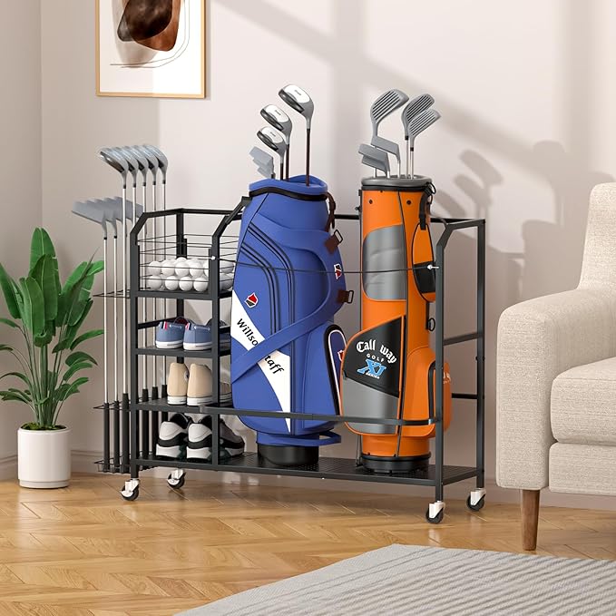 Golf Bag Storage, Big Capacity Golf Bag Organizer for Golf Bag and Equipment Accessories, Golf Organizer for Garage, Home or Club,Extra Storage Rack for Golf Clubs,Black