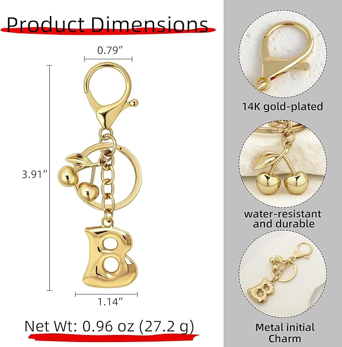 Gold Bubble Heart, Cherry, Bow & More Designs Letter Initial Keychain Bag Charms – Cute Purse Charms for Handbags