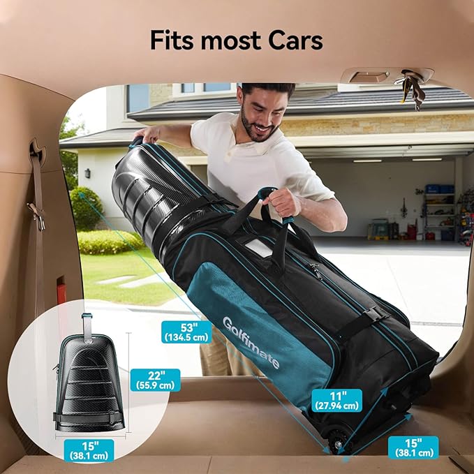 Golf Travel Bag for Airlines with Carbon Fiber Look Hard Top, Protective Club Traveling Cover with Wheel, Golf Club Carrier Case for Airplanes, Thick Padding, Durable Zippers, 2 Spacious Side Pockets