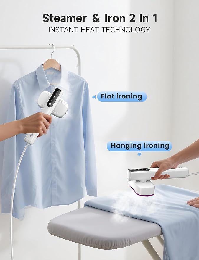 Steamer for Clothes, 2-in-1 Travel Steamer & Iron for Clothes, Portable Handheld Garment Steamer, 15s Fast Heat-up, 1200W, Large Ceramic Heat Panel, Quick Wrinkle Removal, Travel & Home Use