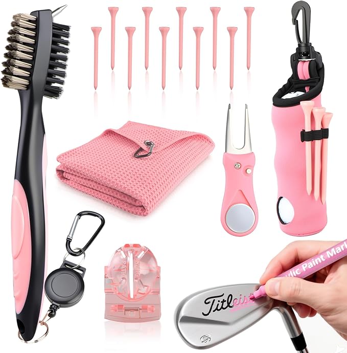 Pink Golf Accessories for Women, Acrylic Paint Ink 16 Pcs Golf Essentials Kit - Golf Club Brush & Golf Towel, Tee & Ball Holder for Bag, Divot Tool & Ball Maker, Golf Club Cleaning Kit - Golf Gifts
