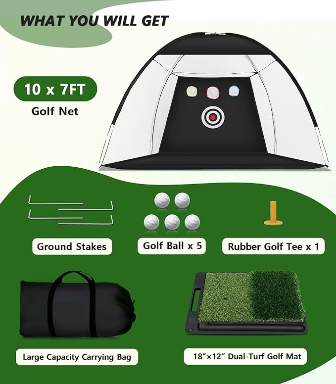 Golf Net, 10 x 7FT Golf Practice Nets for Backyard Driving Hitting Swing Chipping Training with Hitting Mat for Indoor & Outdoor, Gifts for Men Dad Husband Golfers Him