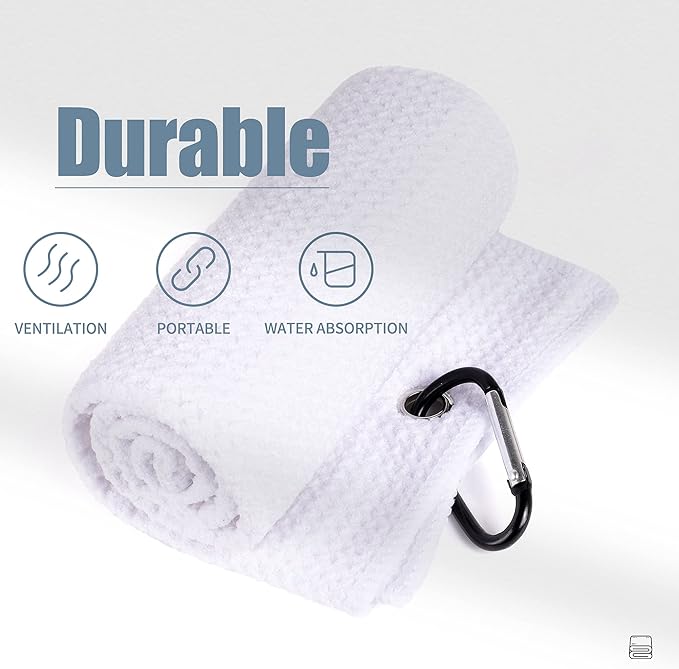 Mile High Life Tri-fold Golf Towel | 16" X 24" | Premium Microfiber Fabric | Waffle Pattern | with Heavy Duty Carabiner Clip | for Men and Women (White)