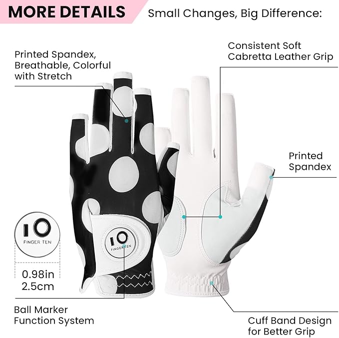 FINGER TEN Stylish Golf Gloves Women with Ball Marker 1 Pack for Left or Right Hand, Breathable Glove with Fashion Patterns for Ladies Right Left Handed Golfer