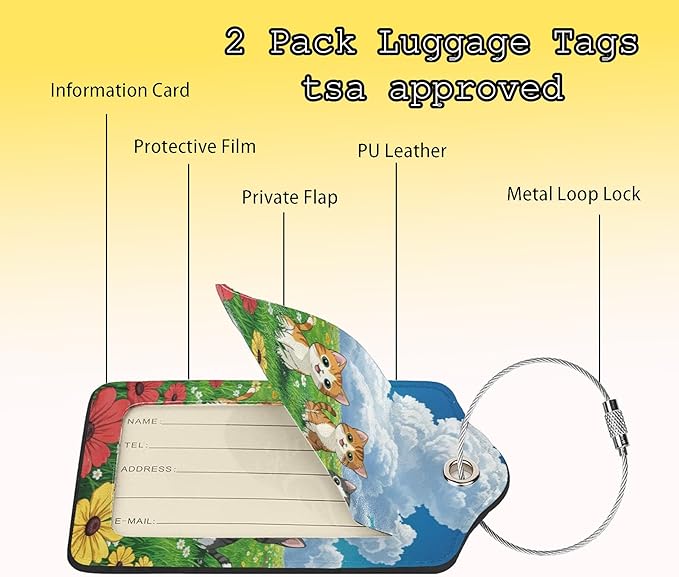 TSA Approved Luggage Tags for Suitcases Cat and Flower 2 Pack Funny Leather Carnival Cruise Airport Cute Travel Name Tags Golf Bag tag Ships Essentials Privacy Cover ID Label for Women Men
