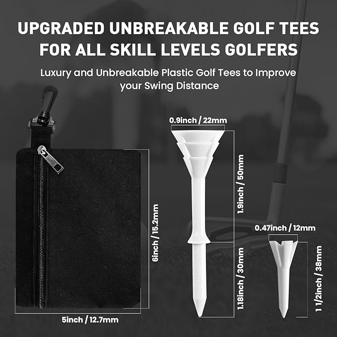 FINGER TEN Golf Tees Plastic Unbreakable 30 Tees 3 1/4 Inch and 20 More Short Tees 1 1/2 Inch with Black Golf Tee Bag, Easy to Find Value Gift Set