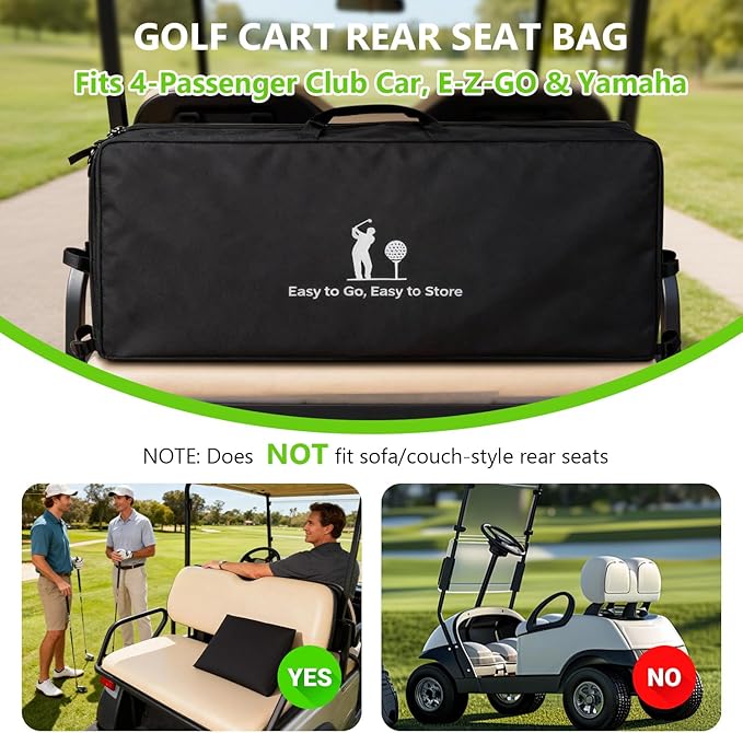 Golf Cart Storage Bag, Golf Cart Accessories Compatible with Yamaha, Club Car, EZGO, Cargo Box with Strong Buckles & Adjustable Straps for 2+2 Passenger Golf Carts, No-Drill Design (Bag Only)